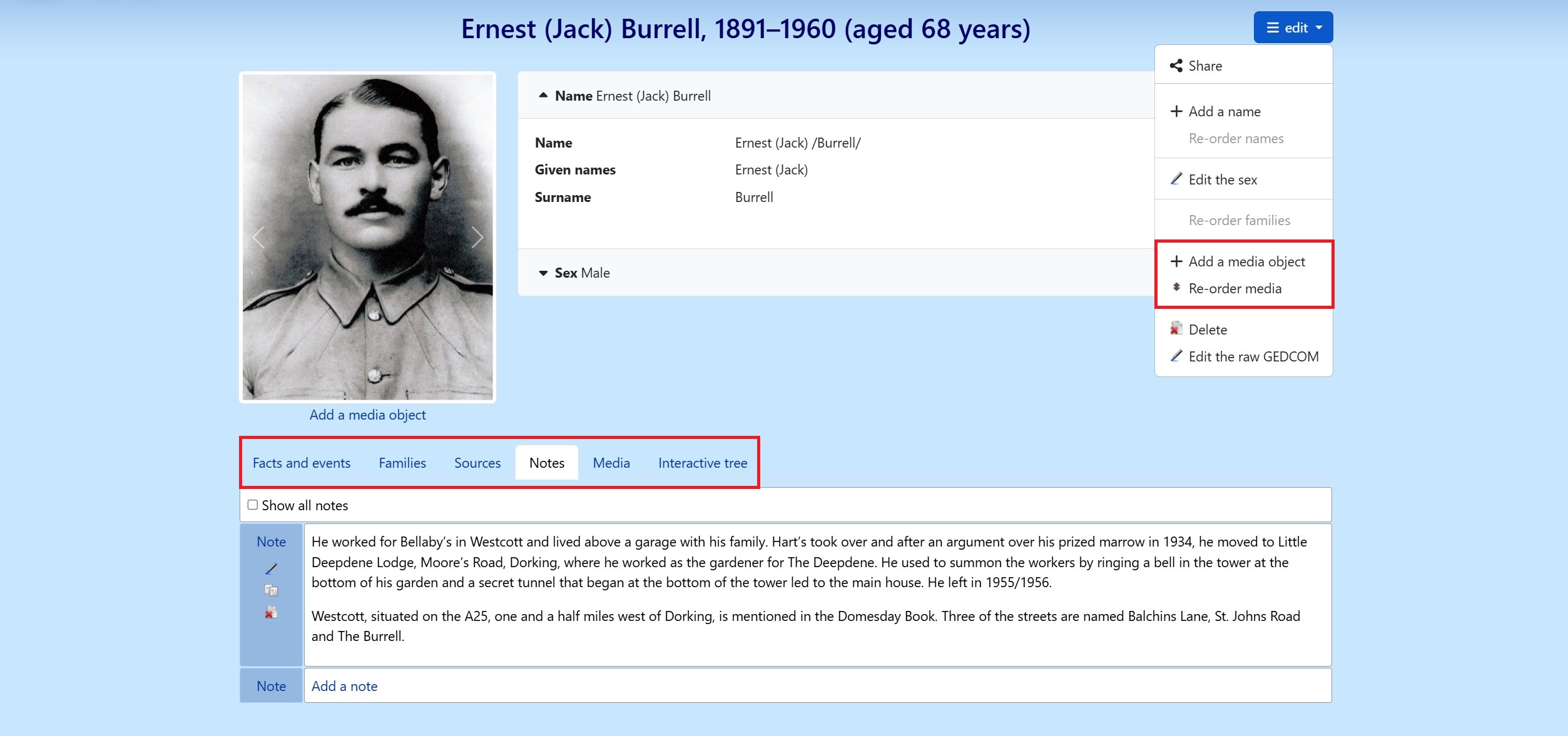 Add media, facts and supporting evidence to a family record
