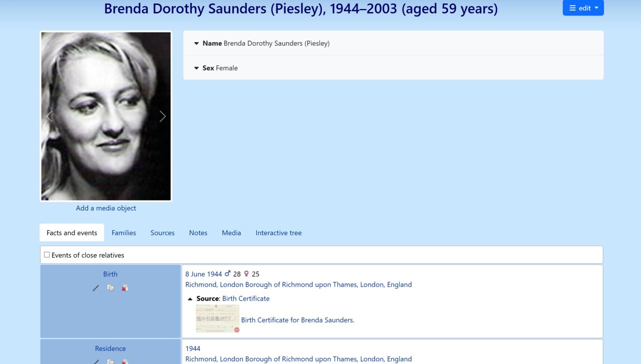 Brenda Dorothy Saunders profile showing a portrait, editable family-history details and a sourced birth certificate